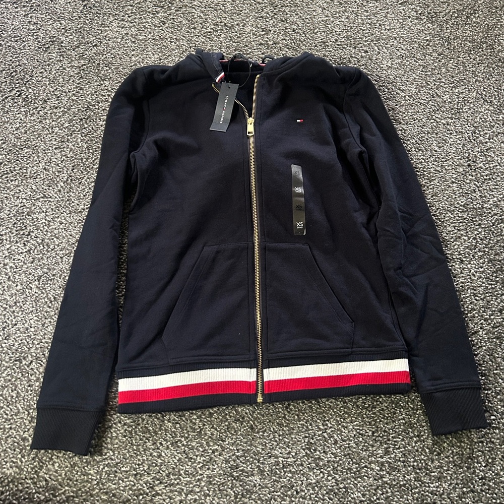 NWT Tommy Hilfiger Black Zip-Up Hoodie with Red and White Trim